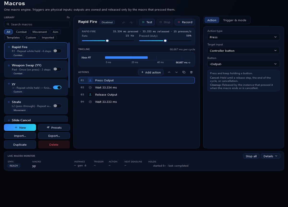 Macros: build, test and monitor input sequences.